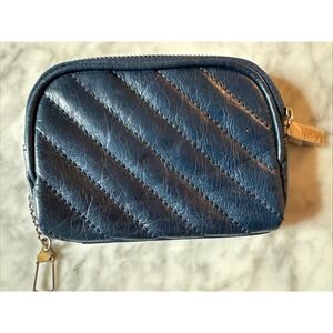 Hobo Small Zip Around Wallet Coin Purse Blue Leather  Quilted Silver